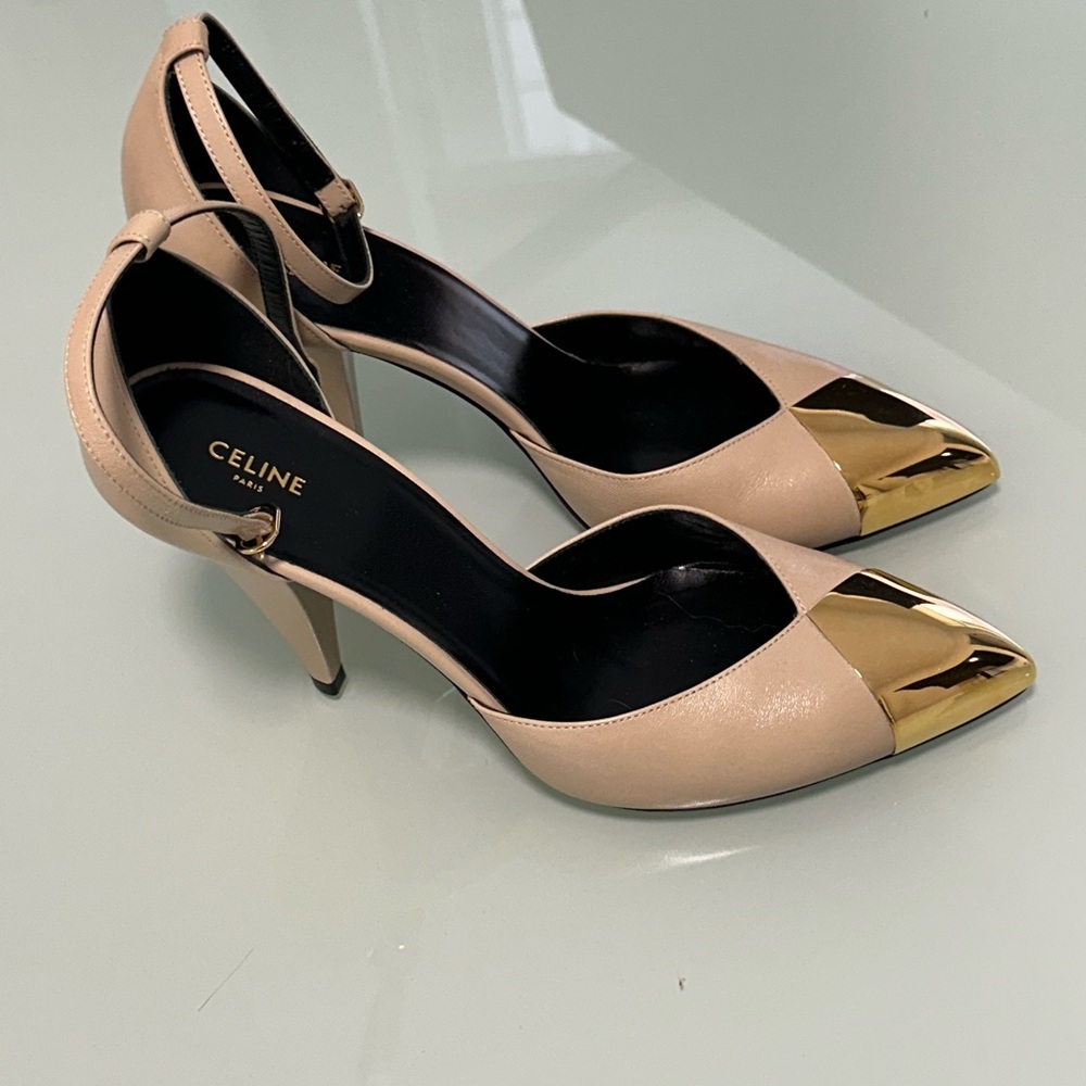 Celine Cream and Gold Heels with Metallic Accents